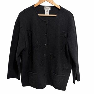 Vintage Tabi International Women's Black Cardigan with Raised Pattern 100% Wool